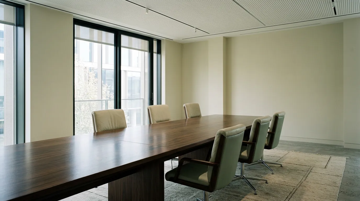 An empty, daylit boardroom with a long walnut table and sage leather chairs.