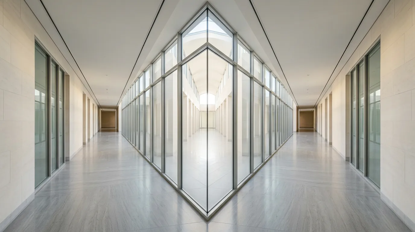 A long, symmetrical glass corridor with pale stone walls, receding toward a bright opening.