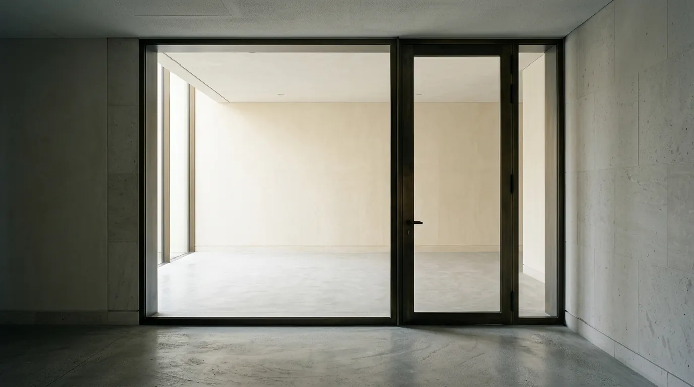 A wide, quiet stone interior with a tall glass doorway open onto a light-filled room.