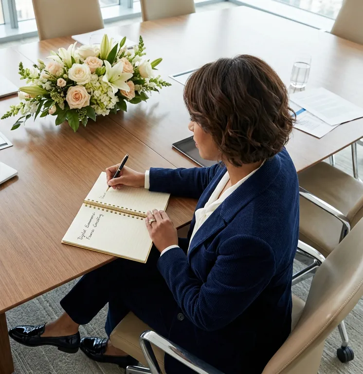 Seen from above, an executive in navy tailoring writes in a spiral notebook at a conference table with white flowers.