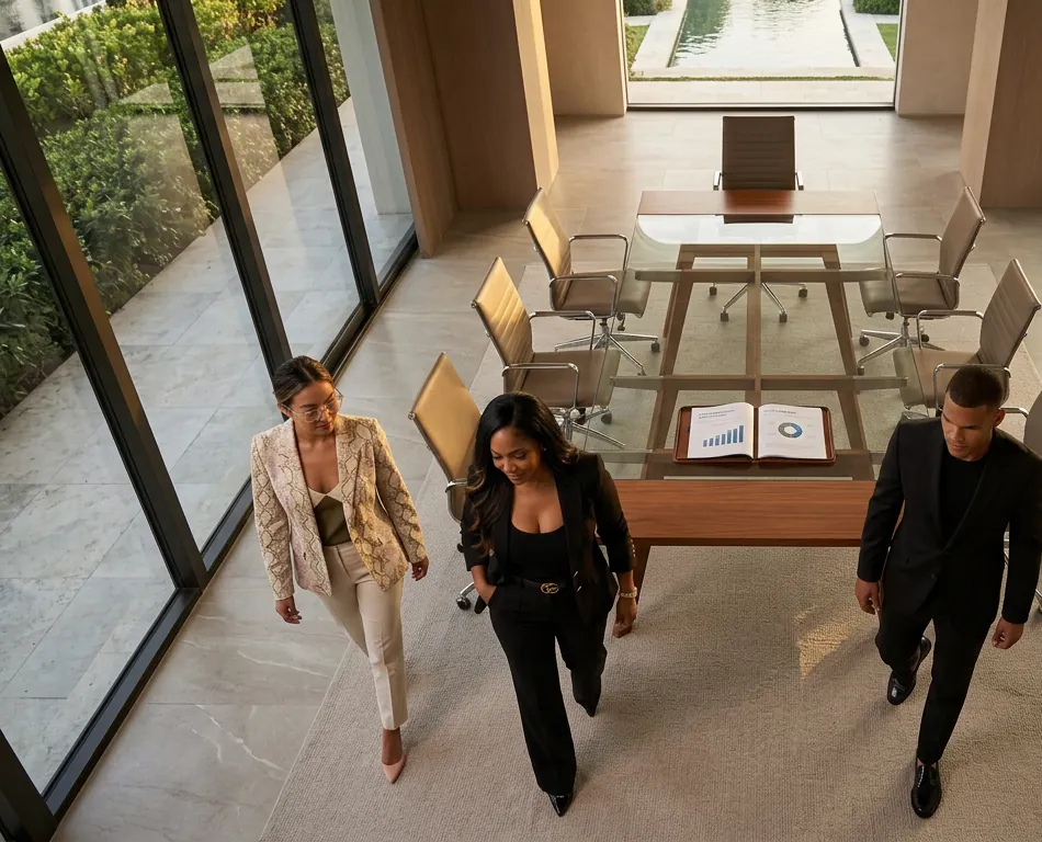 Seen from above, three executives walk through a glass-walled conference room toward a long table.