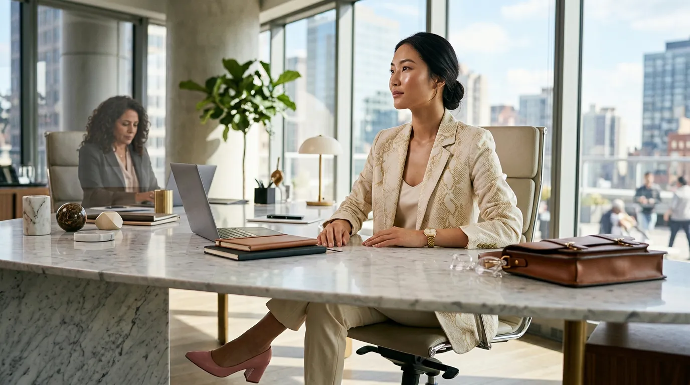 Two executives working at marble desks in a bright office overlooking the city.