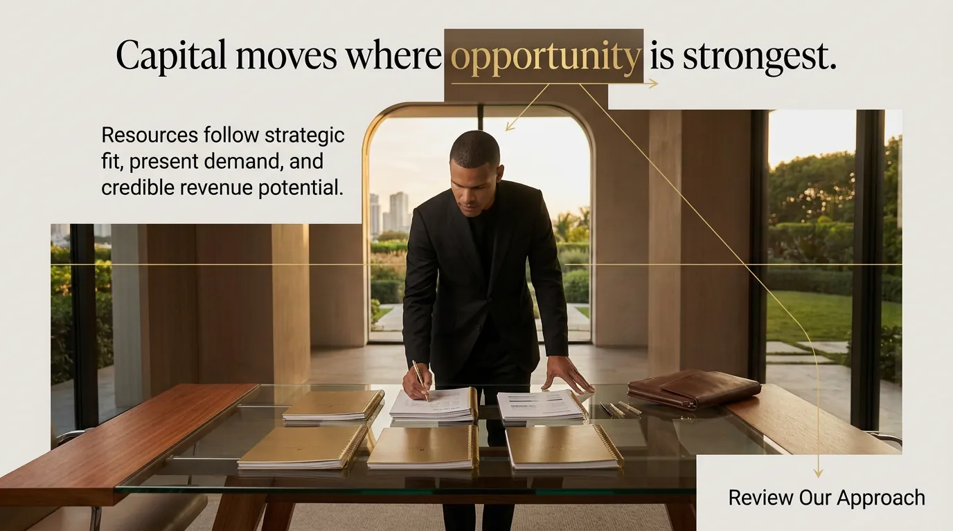 Plate reading ‘Capital moves where opportunity is strongest’ above an executive reviewing documents at a glass table.