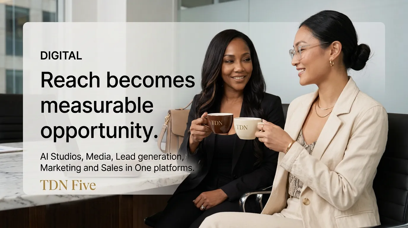 Digital industry plate: two executives at a marble table under the line ‘Reach becomes measurable opportunity.’