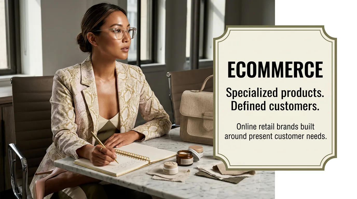 Ecommerce industry plate: an executive taking notes, framed beside ‘Specialized products. Defined customers.’