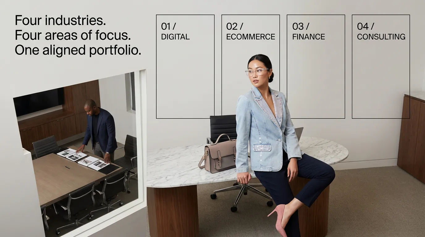An executive seated in a light office beside four framed panels labeled Digital, Ecommerce, Finance, and Consulting.
