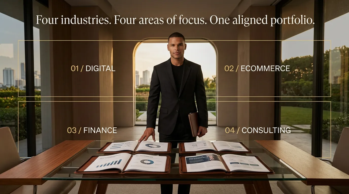 An executive stands at a glass table with four open portfolios, framed by the labels Digital, Ecommerce, Finance, and Consulting.