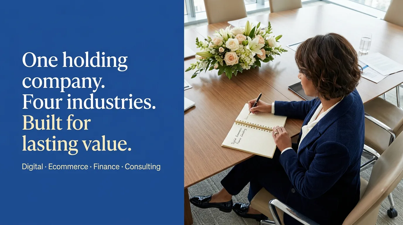 Plate reading ‘One holding company. Four industries. Built for lasting value.’ beside an executive writing at a conference table.
