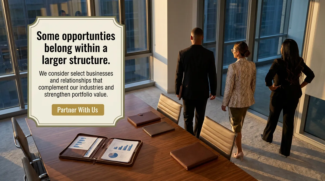 Three executives look out over a city from a conference room. Plate: ‘Some opportunities belong within a larger structure.’